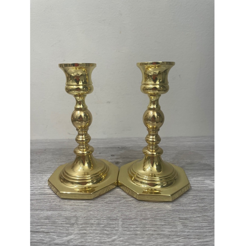 Baldwin Brass Candlestick Pair Forged in America Polished Hexagonal Base #7265